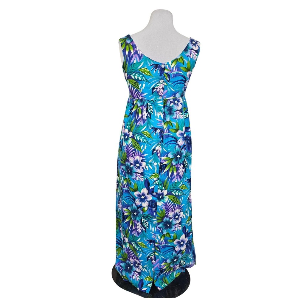 Vintage 70s Hawaiian Tropical Maxi Dress Blue Floral Tiki Hostess Womens M
